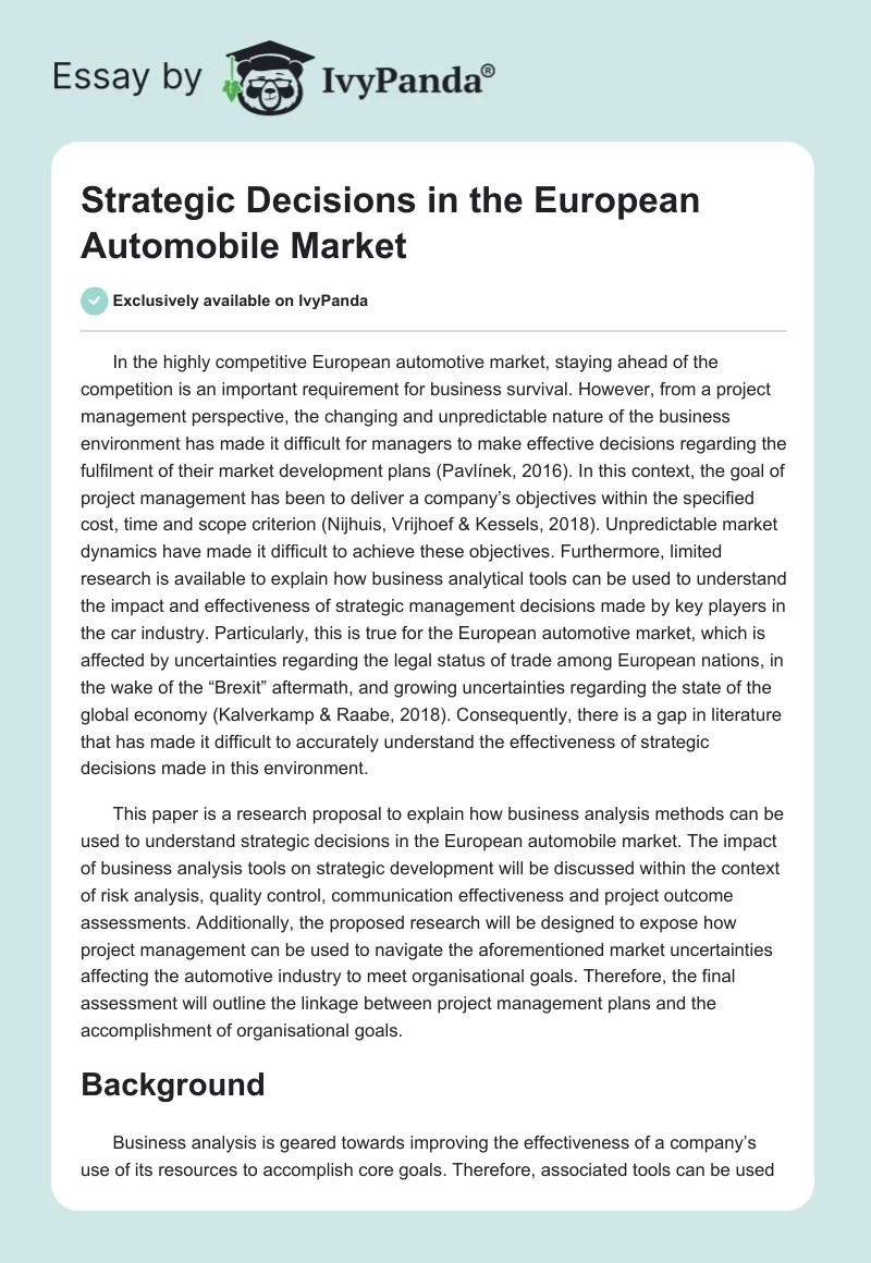 Strategic Decisions in the European Automobile Market. Page 1