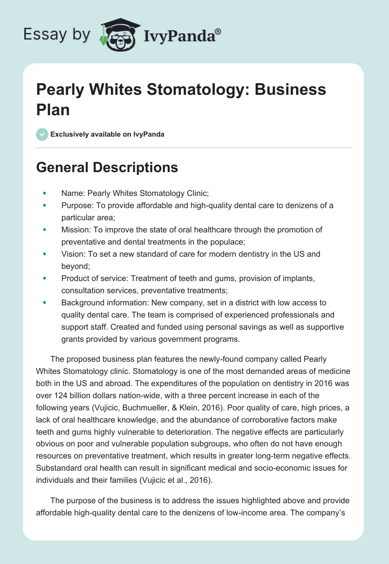 Pearly Whites Stomatology: Business Plan. Page 1