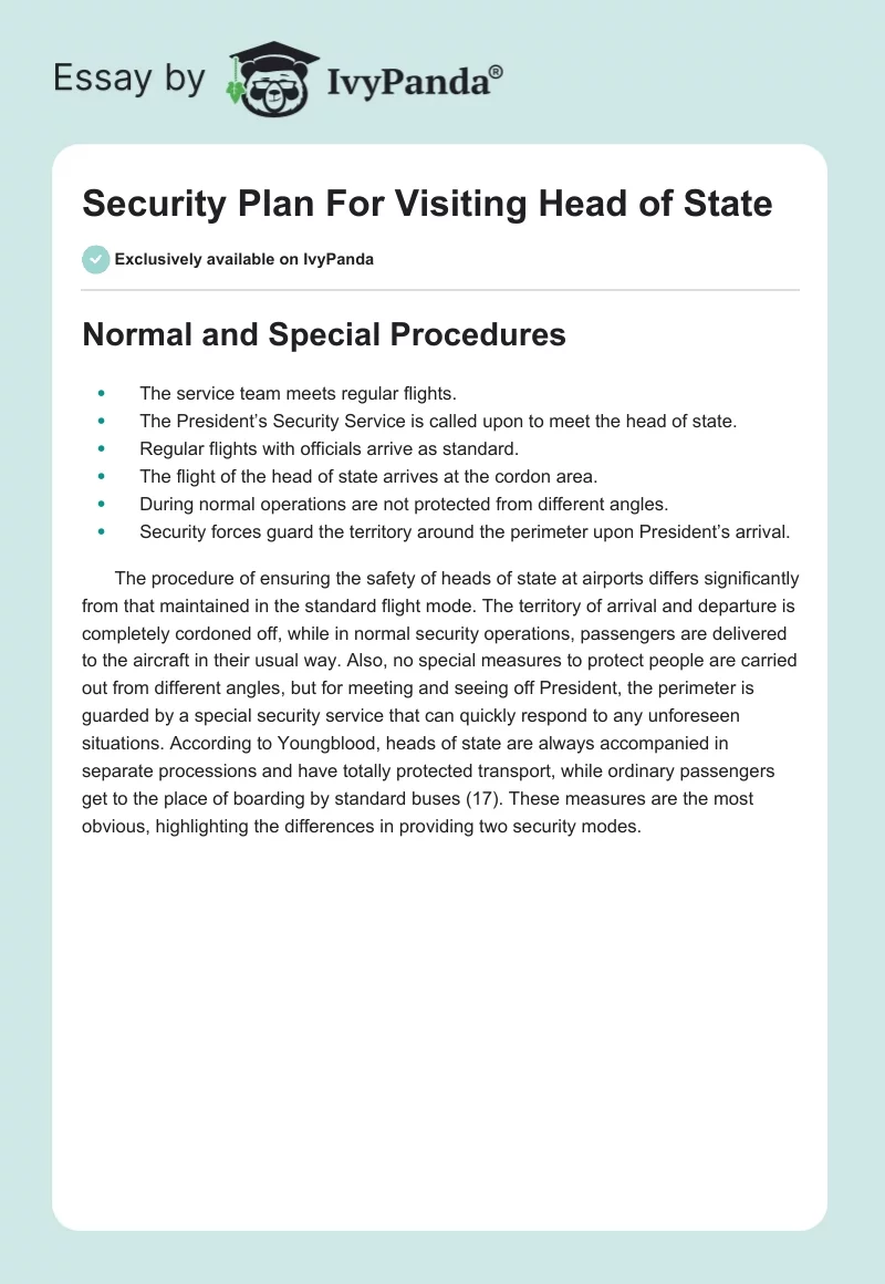 Security Plan For Visiting Head of State. Page 1