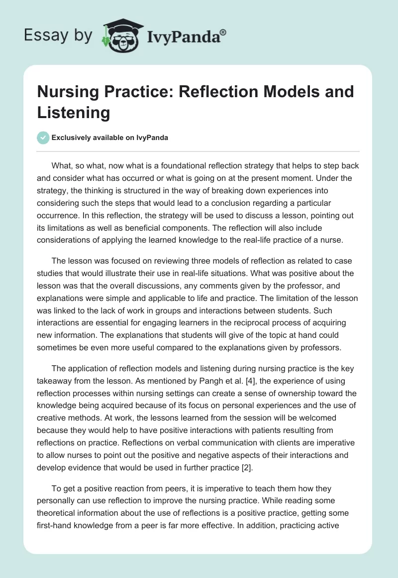 Nursing Practice: Reflection Models and Listening. Page 1