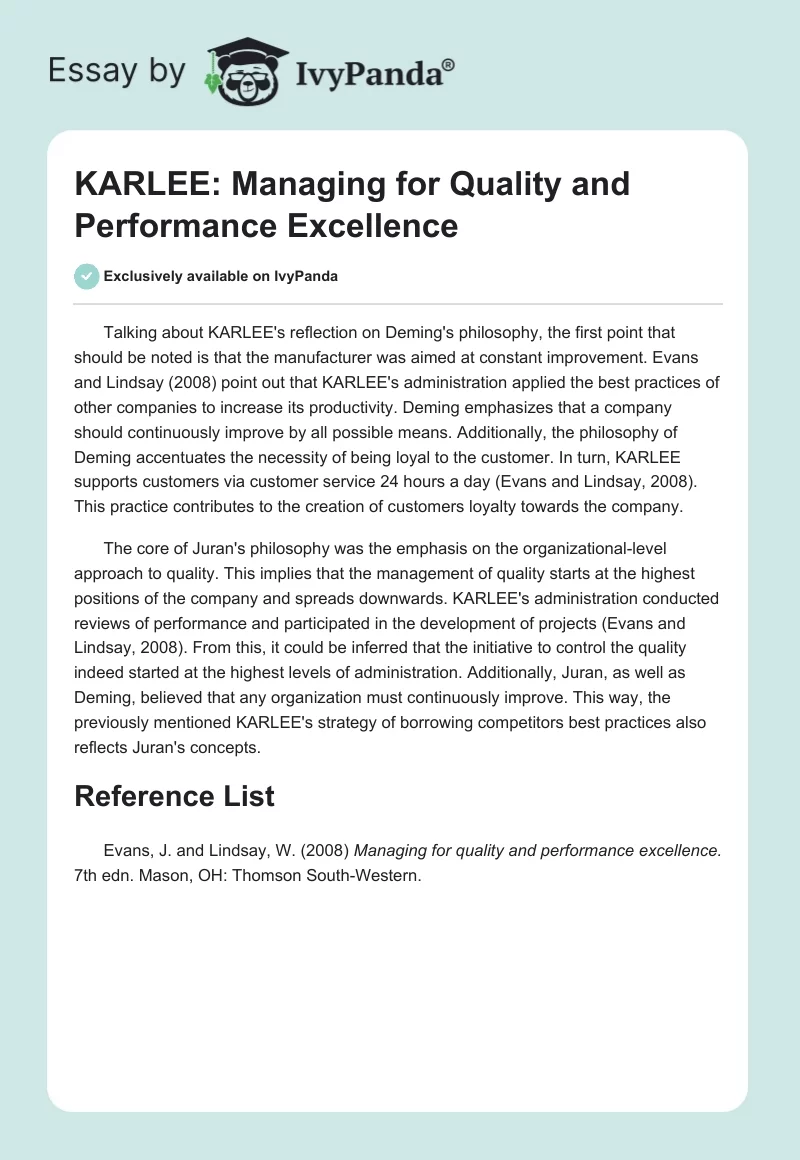 KARLEE: Managing for Quality and Performance Excellence. Page 1