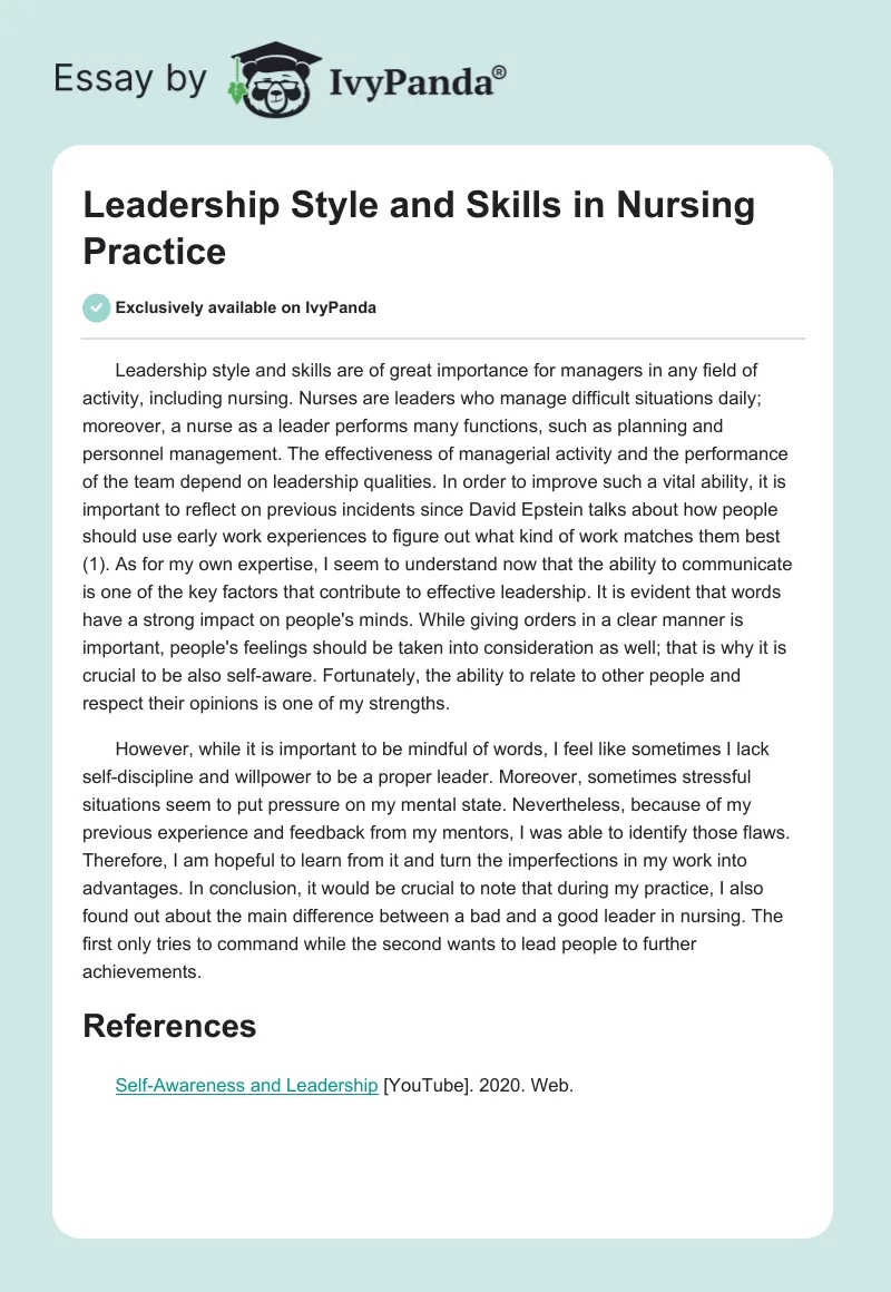 Leadership Style and Skills in Nursing Practice. Page 1