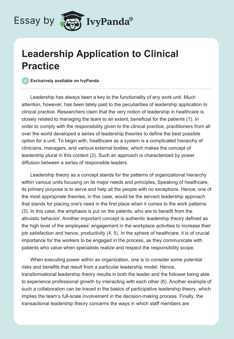 Leadership Application to Clinical Practice. Page 1