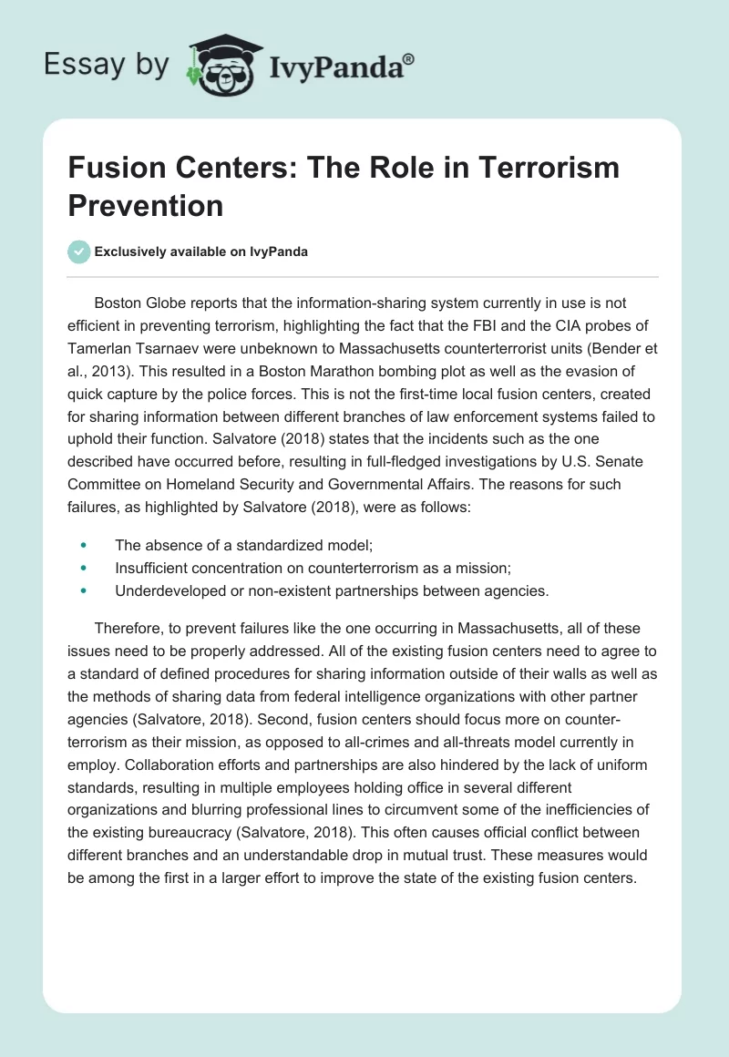 Fusion Centers: The Role in Terrorism Prevention. Page 1