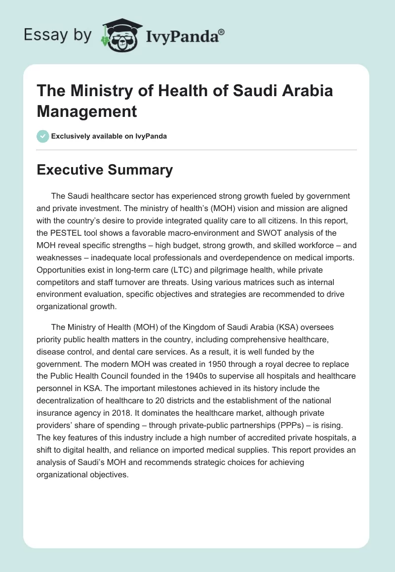 The Ministry of Health of Saudi Arabia Management. Page 1