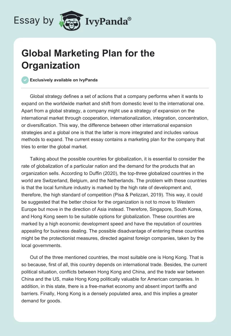 Global Marketing Plan for the Organization. Page 1