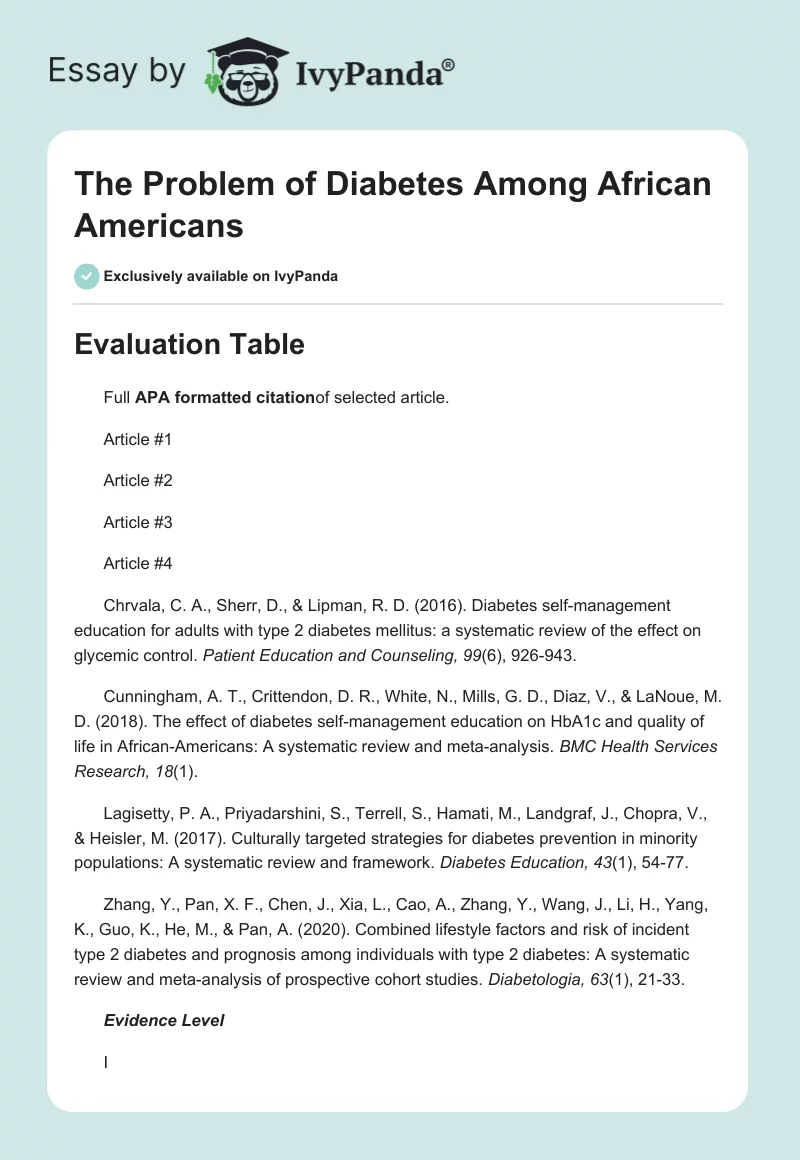 The Problem of Diabetes Among African Americans. Page 1