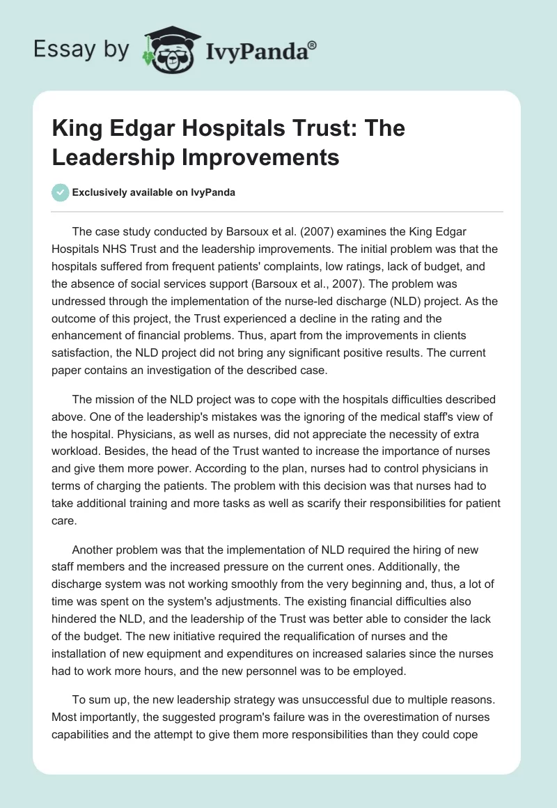 King Edgar Hospitals Trust: The Leadership Improvements. Page 1