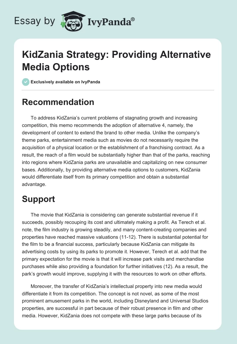 KidZania Strategy: Providing Alternative Media Options. Page 1