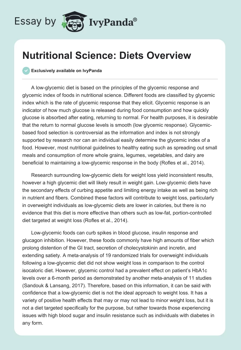 Nutritional Science: Diets Overview. Page 1
