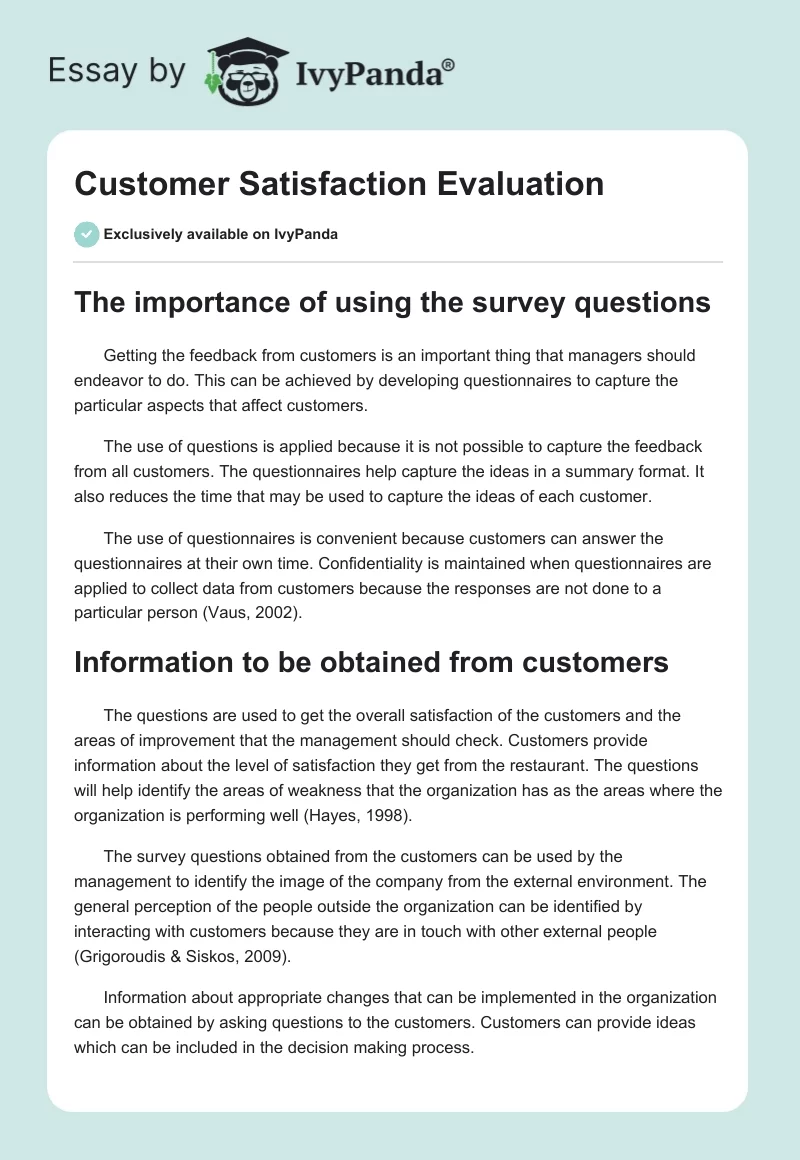 Customer Satisfaction Evaluation. Page 1