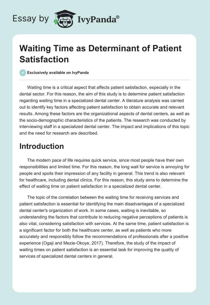 Waiting Time as Determinant of Patient Satisfaction. Page 1
