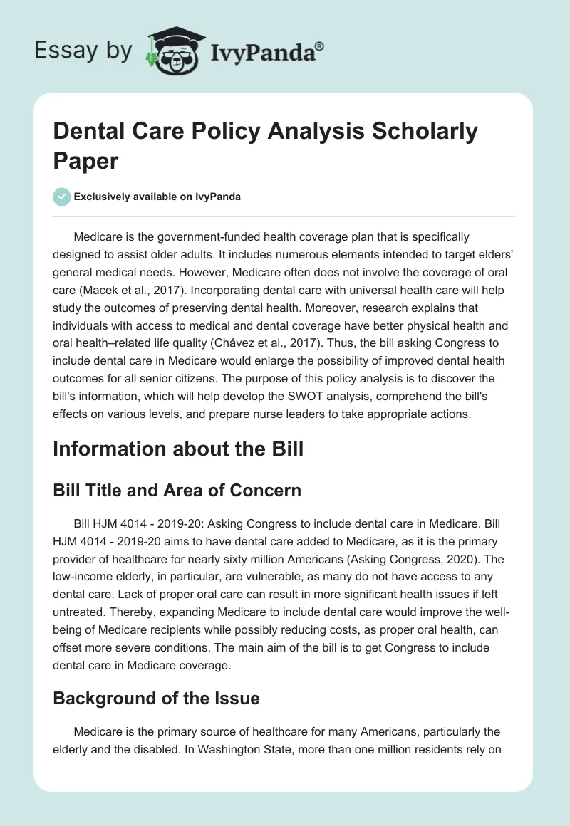 Dental Care Policy Analysis Scholarly Paper. Page 1