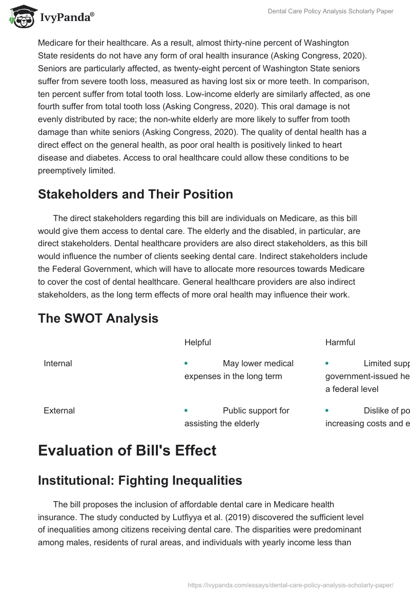 Dental Care Policy Analysis Scholarly Paper. Page 2