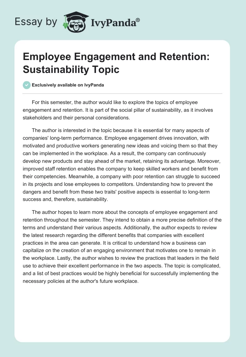 Employee Engagement and Retention: Sustainability Topic. Page 1
