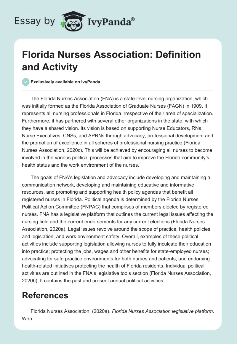 Florida Nurses Association: Definition and Activity. Page 1