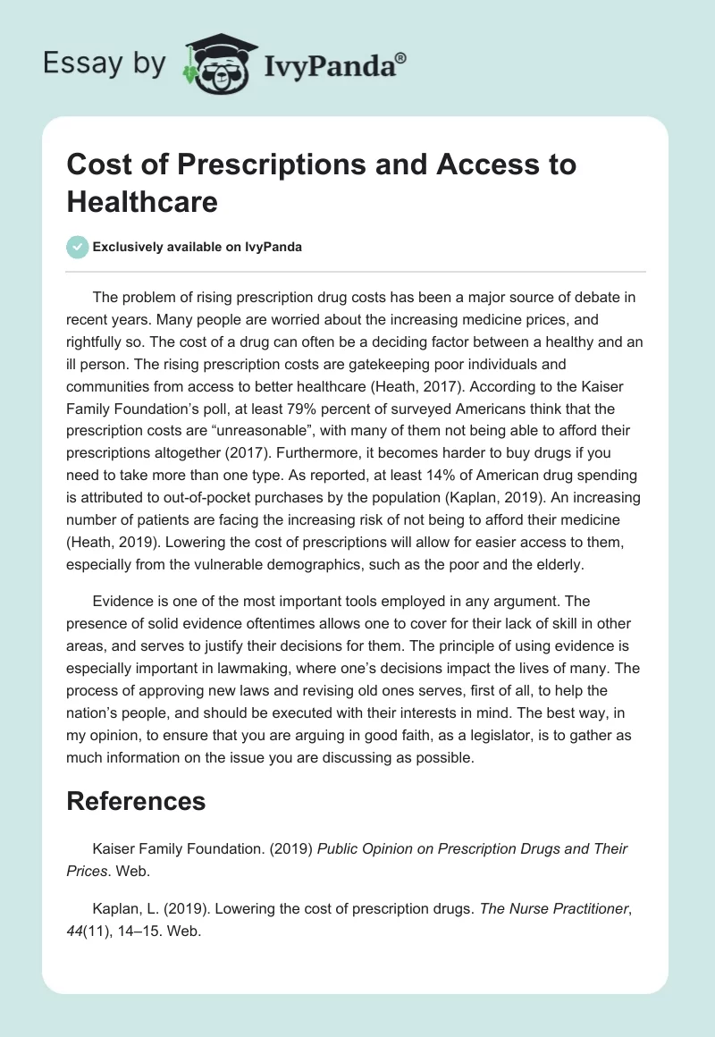 Cost of Prescriptions and Access to Healthcare. Page 1