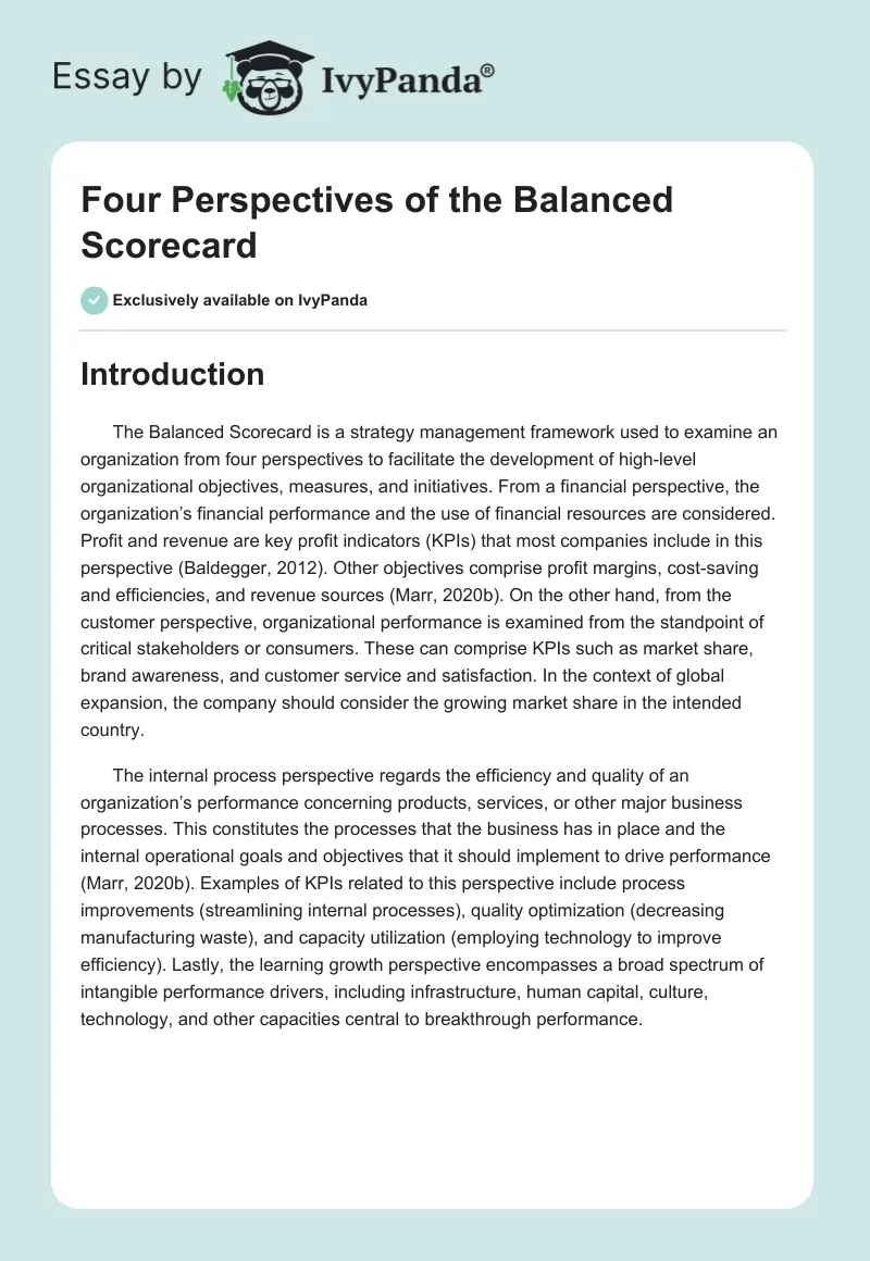 Four Perspectives of the Balanced Scorecard. Page 1