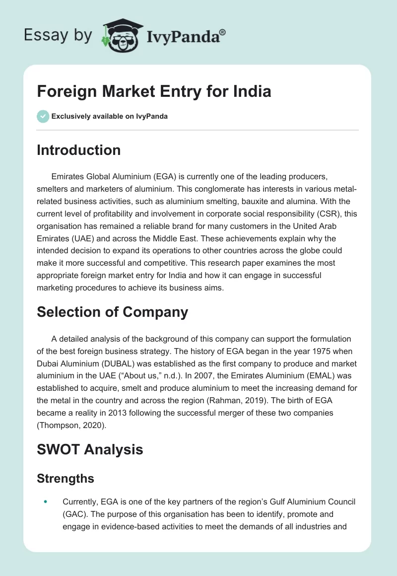 Foreign Market Entry for India. Page 1