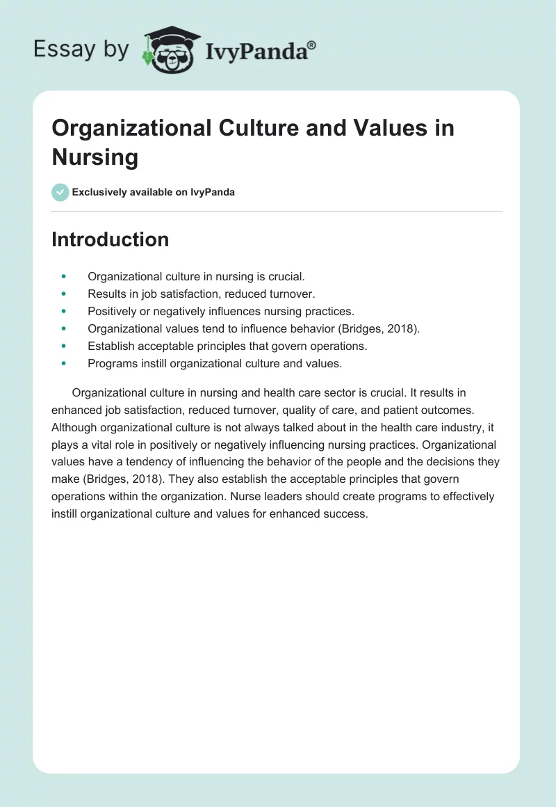 Organizational Culture and Values in Nursing. Page 1