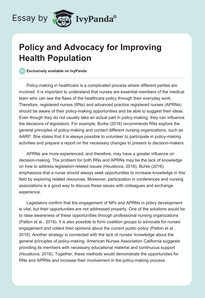 Policy and Advocacy for Improving Health Population. Page 1