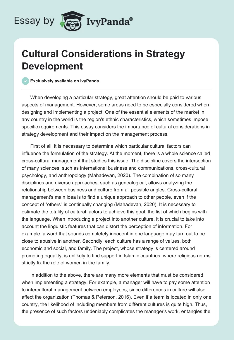 Cultural Considerations in Strategy Development. Page 1