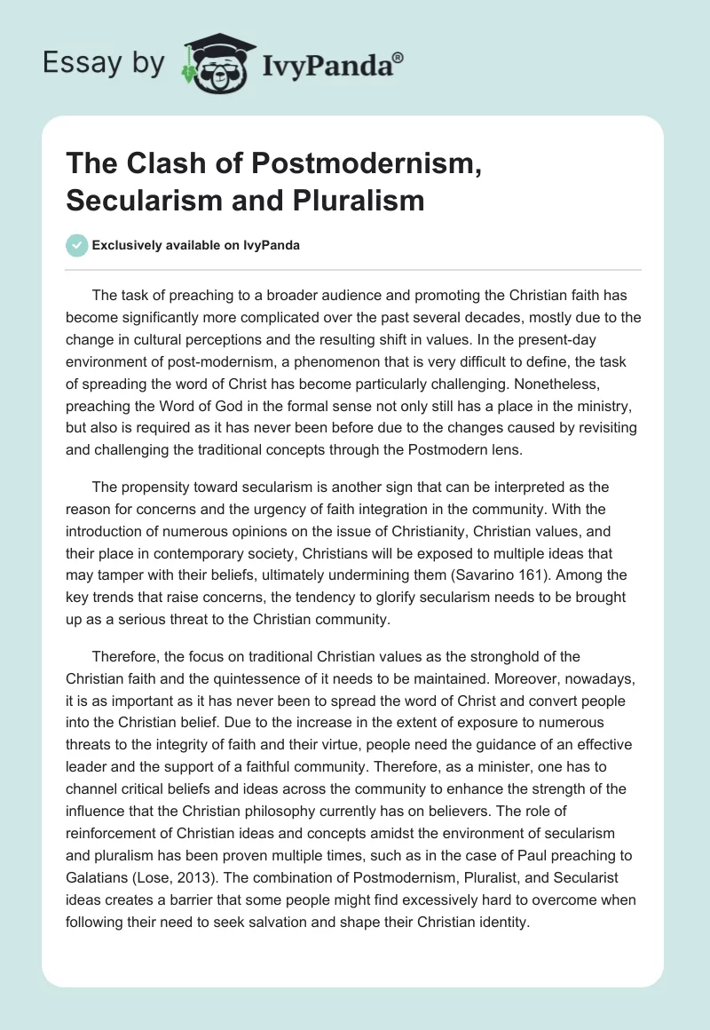 The Clash of Postmodernism, Secularism and Pluralism. Page 1