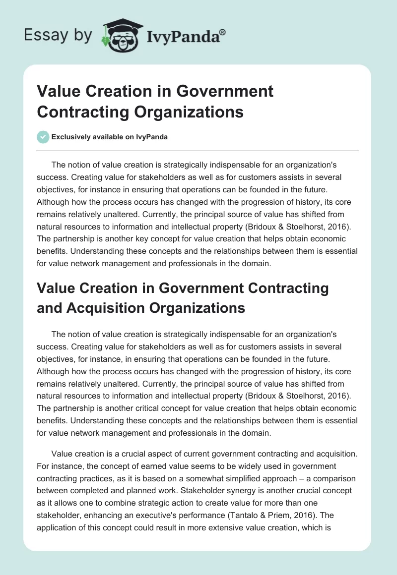 Value Creation in Government Contracting Organizations. Page 1