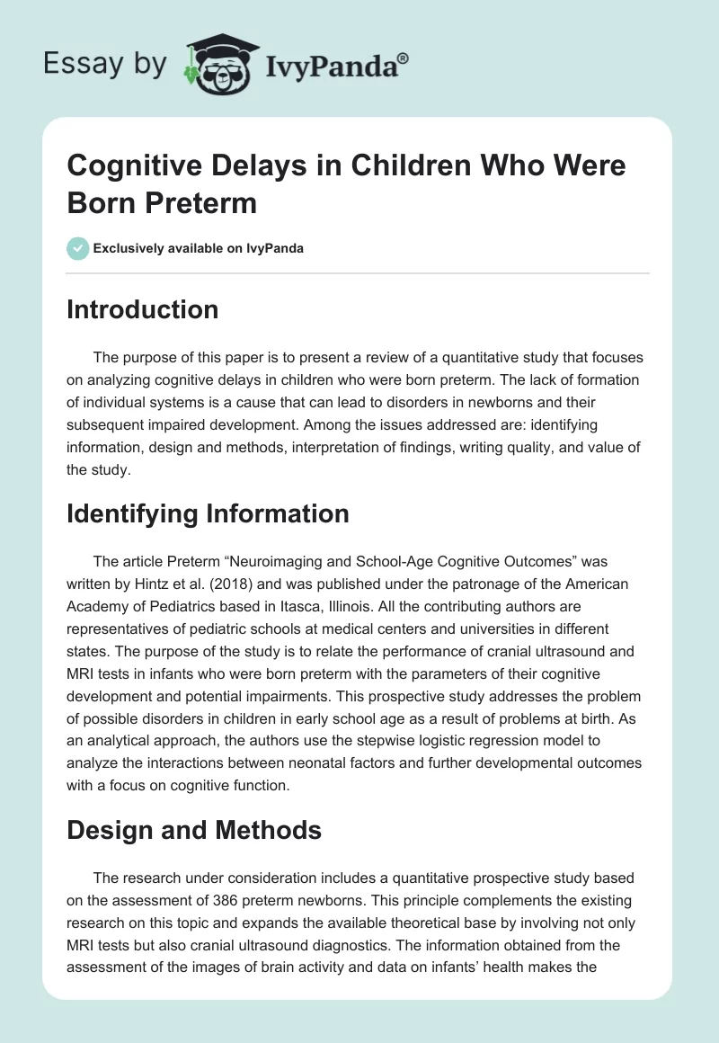 Cognitive Delays in Children Who Were Born Preterm. Page 1