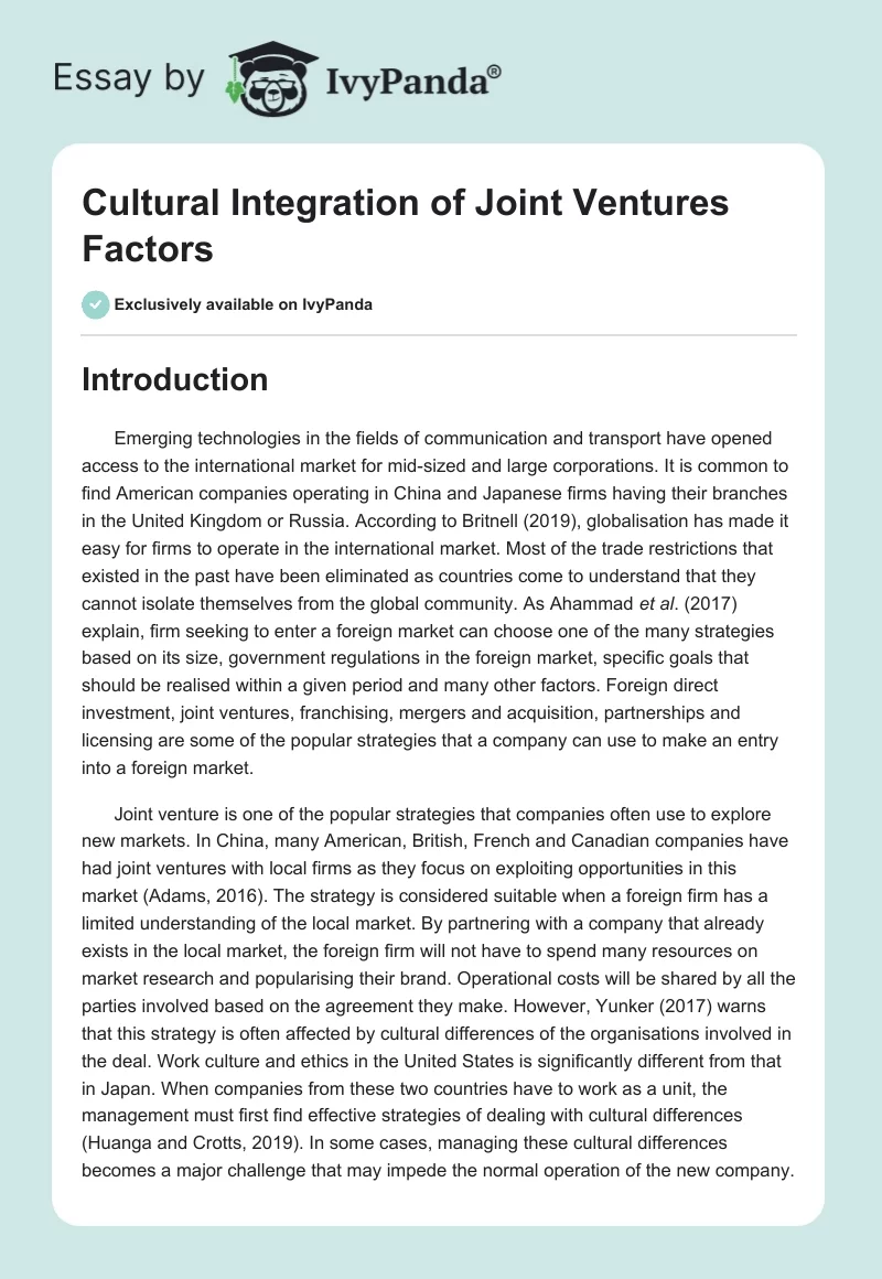 Cultural Integration of Joint Ventures Factors. Page 1