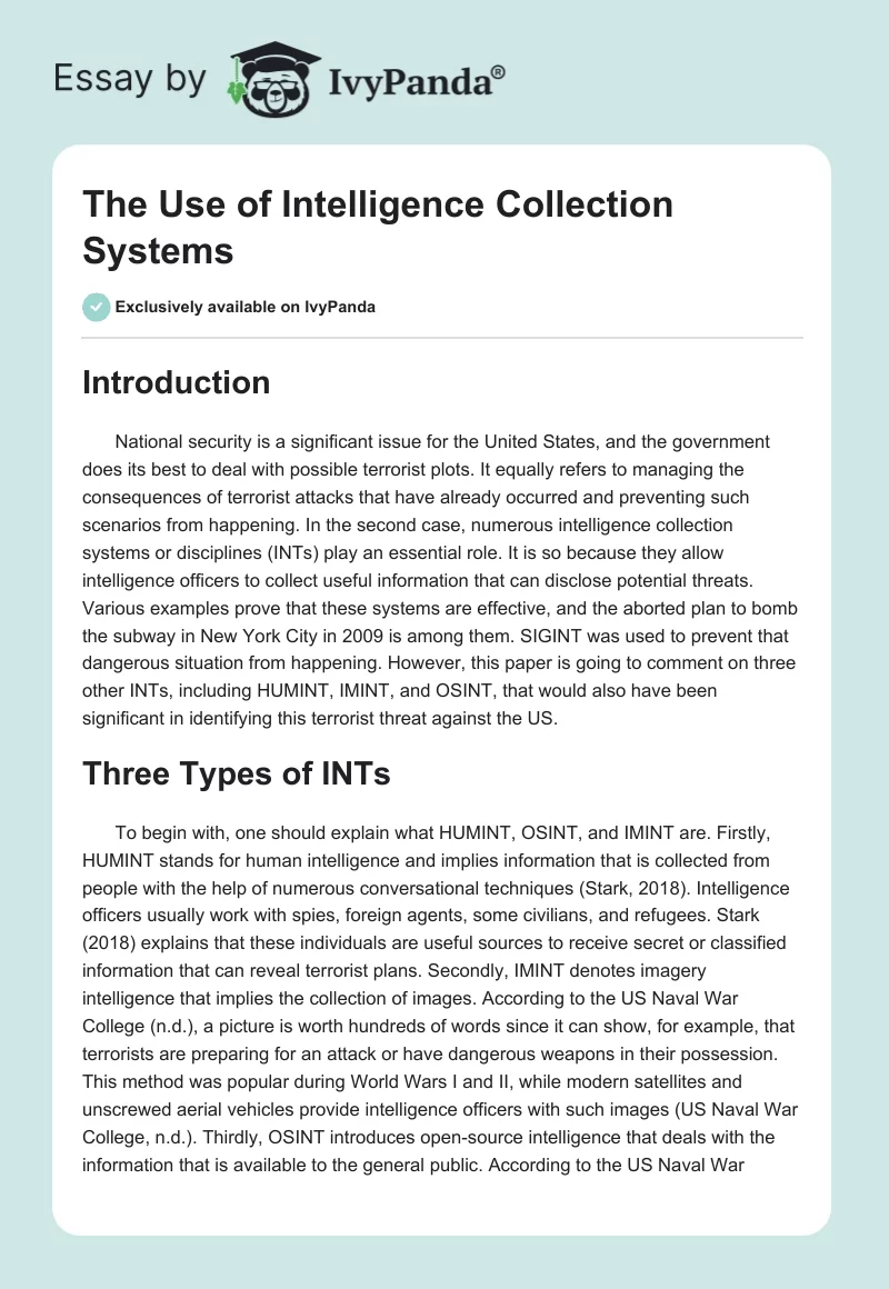 The Use of Intelligence Collection Systems. Page 1