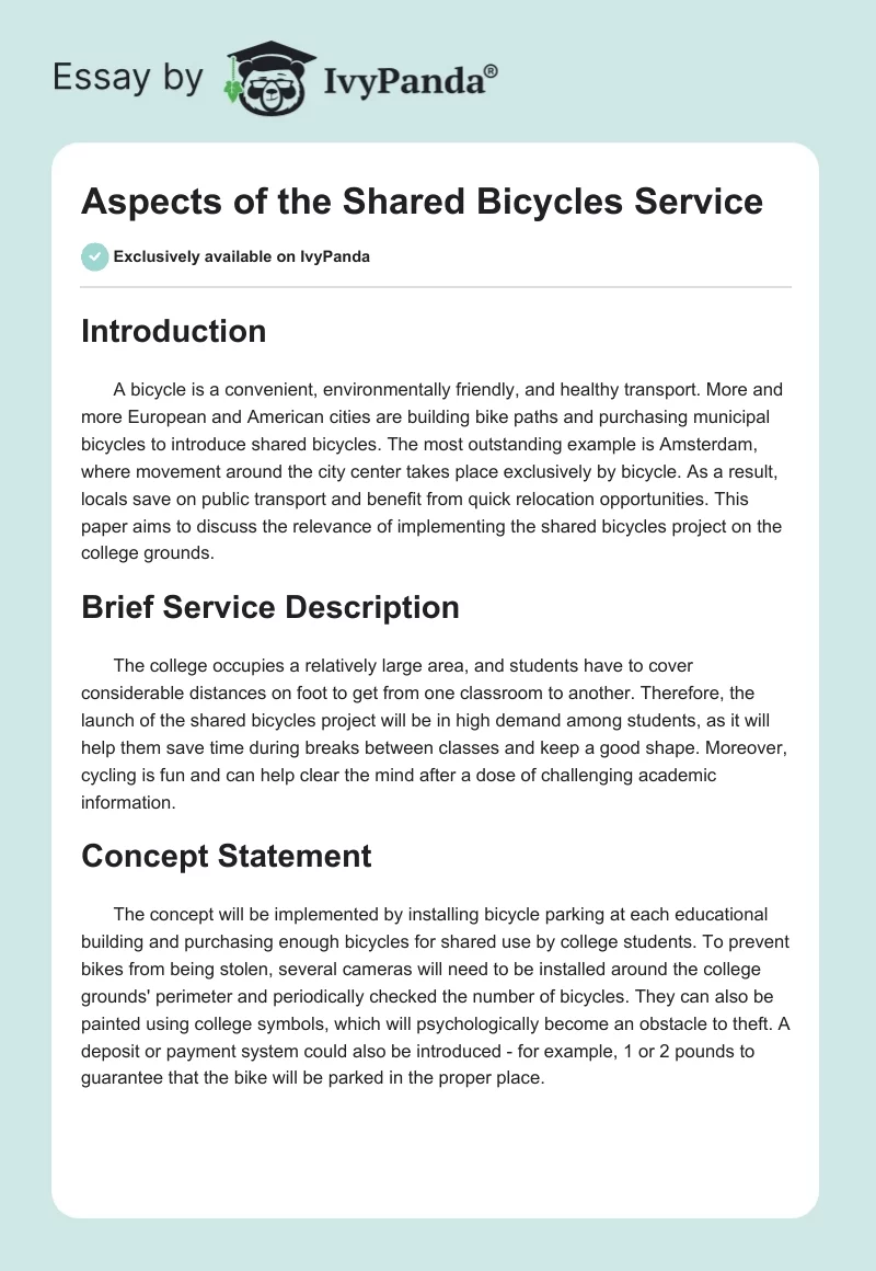 Aspects of the Shared Bicycles Service. Page 1