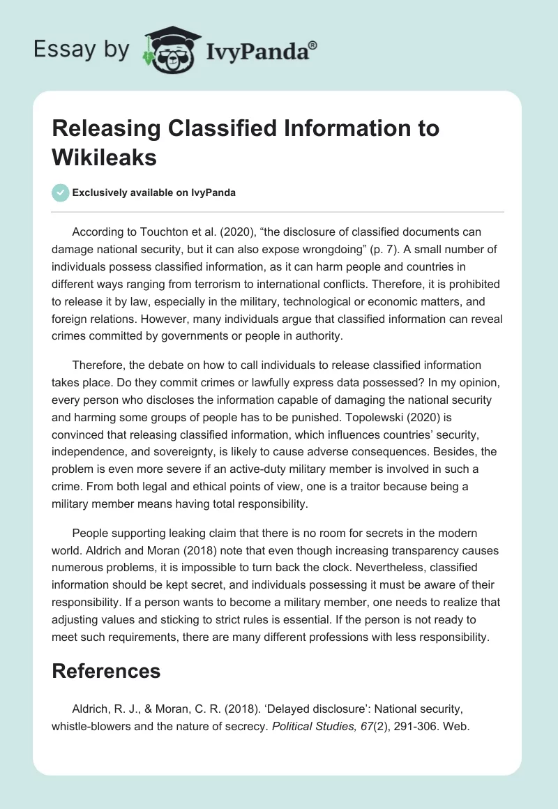 Releasing Classified Information to Wikileaks. Page 1