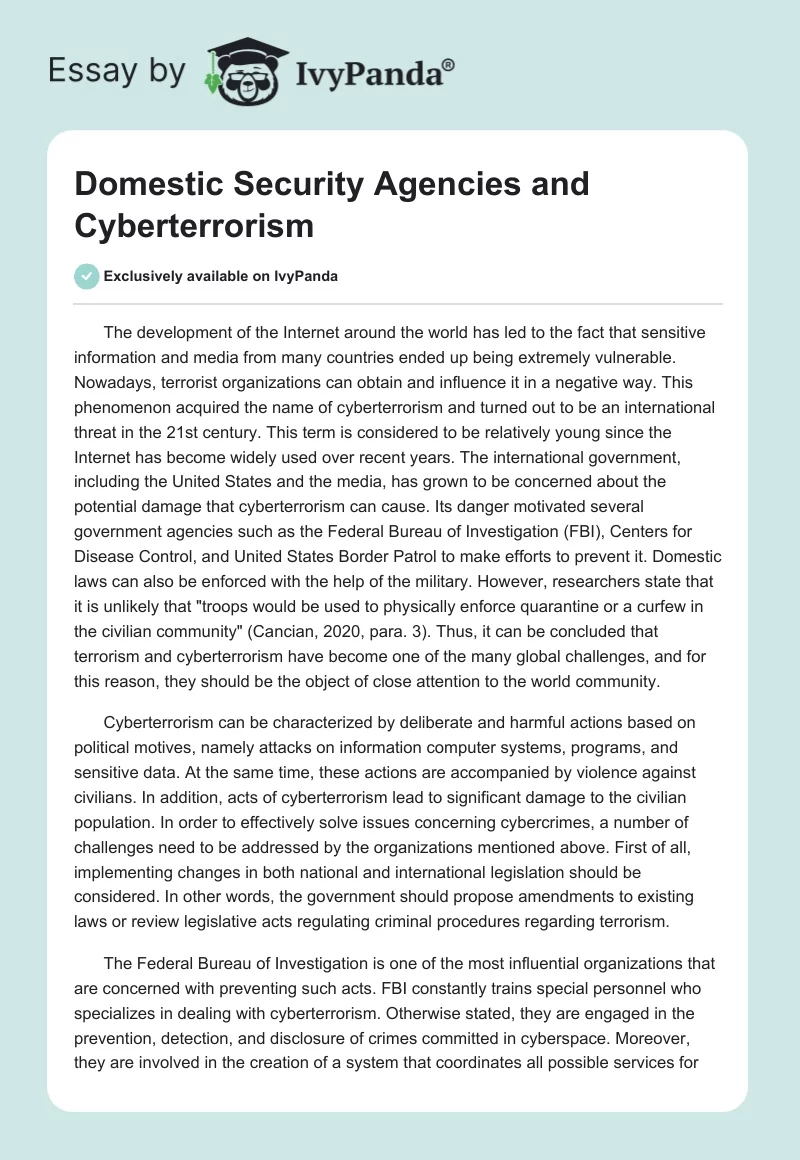 Domestic Security Agencies and Cyberterrorism. Page 1