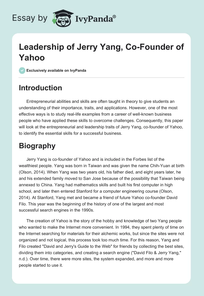 Leadership of Jerry Yang, Co-Founder of Yahoo. Page 1