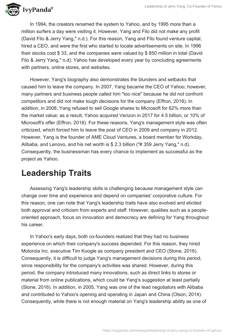 Leadership of Jerry Yang, Co-Founder of Yahoo. Page 2