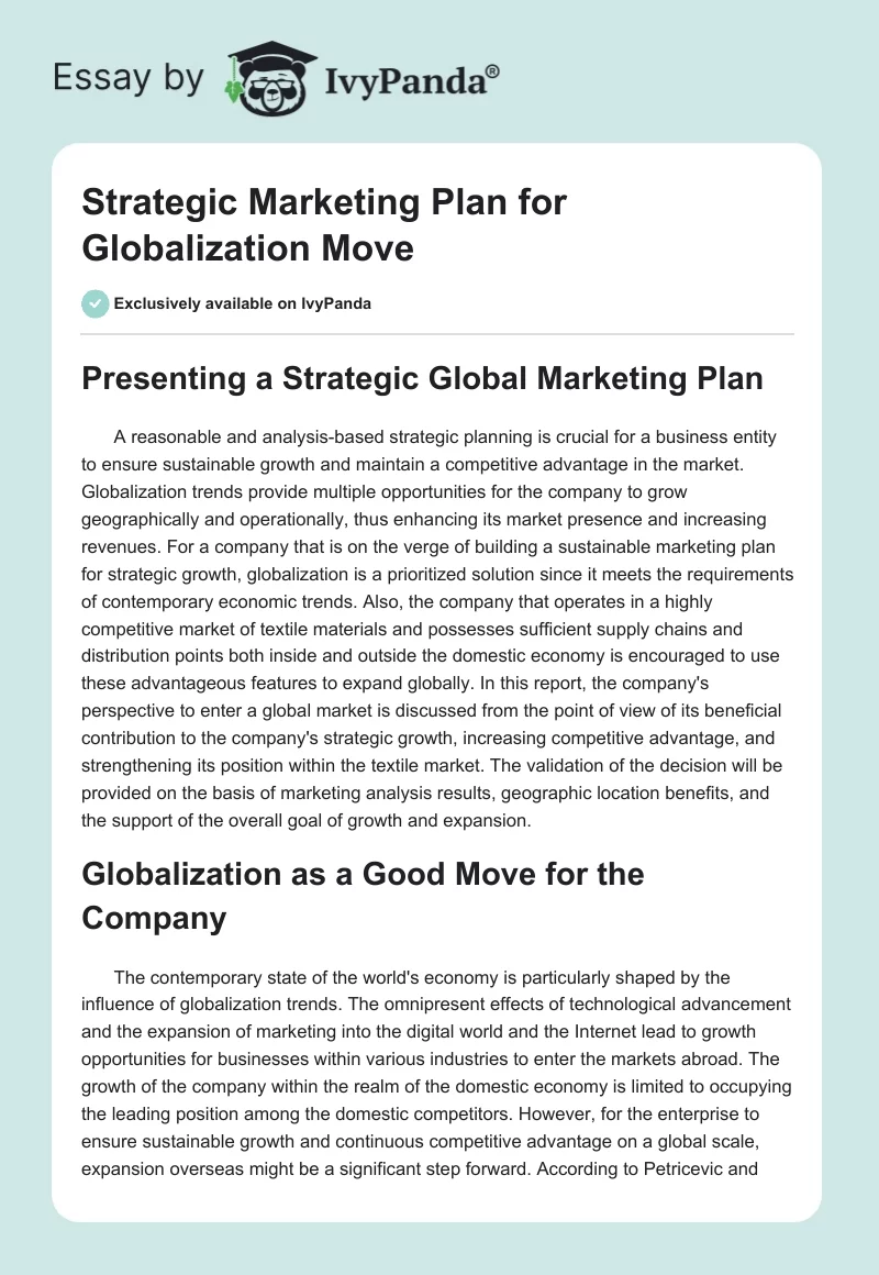 Strategic Marketing Plan for Globalization Move. Page 1