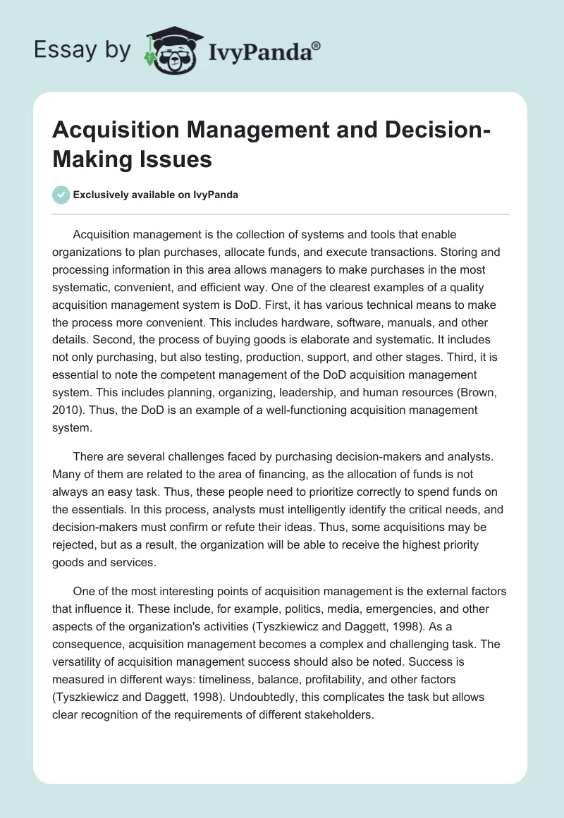 Acquisition Management and Decision-Making Issues. Page 1