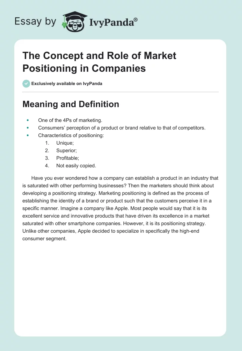 The Concept and Role of Market Positioning in Companies. Page 1