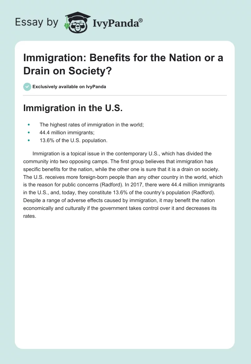 Immigration: Benefits for the Nation or a Drain on Society?. Page 1