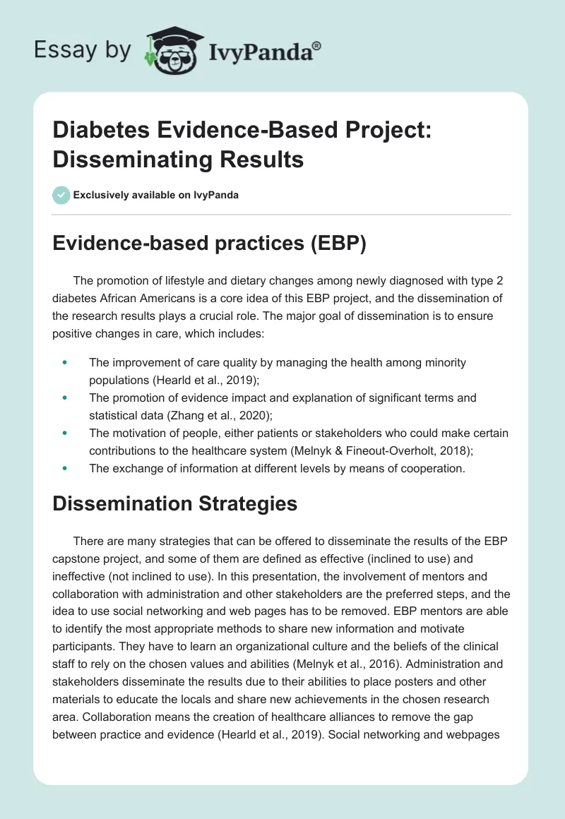 Diabetes Evidence-Based Project: Disseminating Results. Page 1