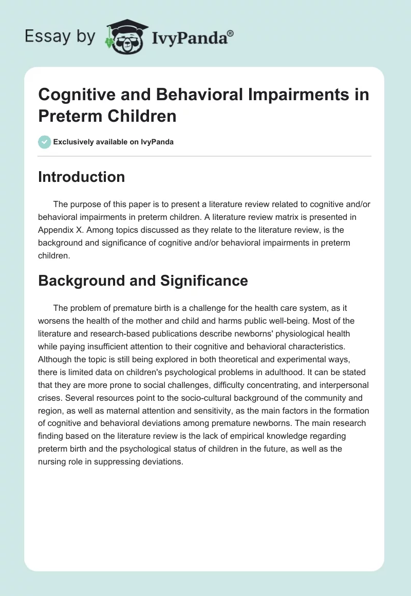 Cognitive and Behavioral Impairments in Preterm Children. Page 1