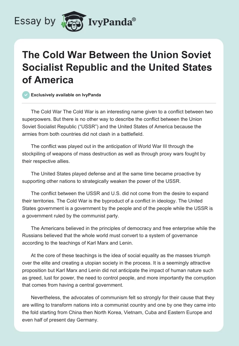 The Cold War Between the Union Soviet Socialist Republic and the United States of America. Page 1