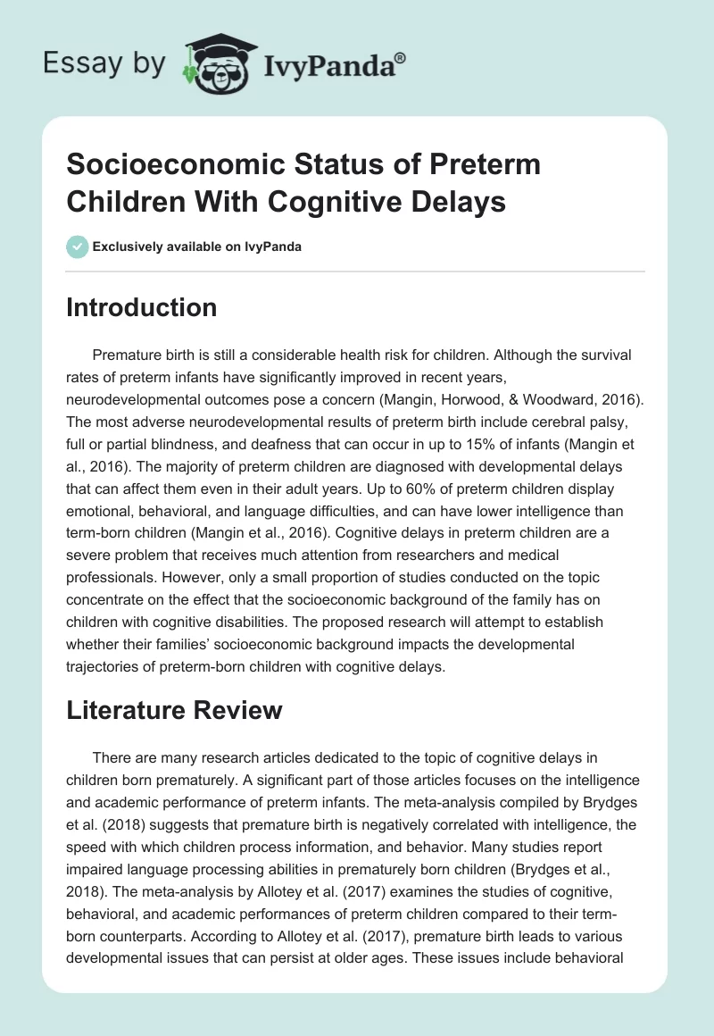 Socioeconomic Status of Preterm Children With Cognitive Delays. Page 1