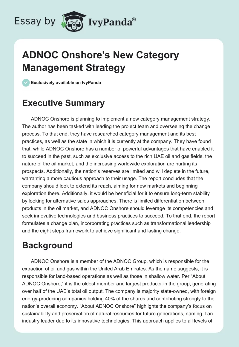 ADNOC Onshore's New Category Management Strategy. Page 1