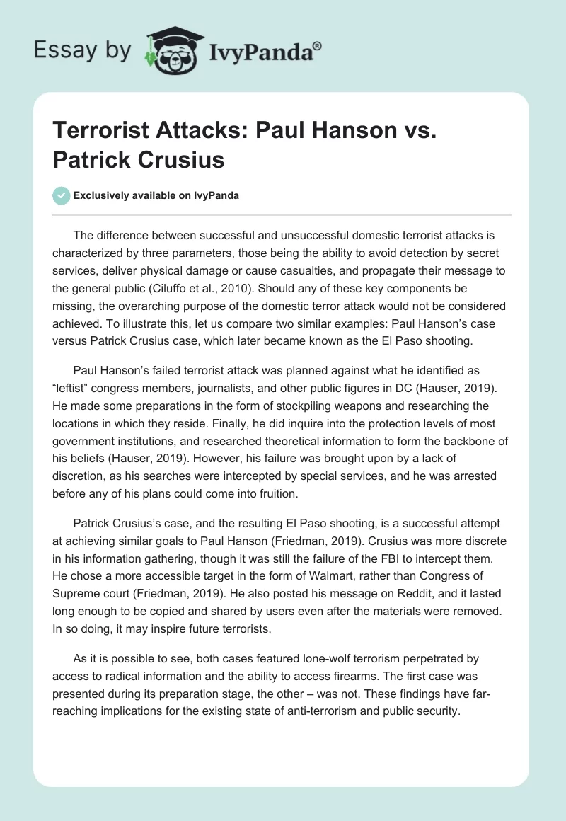 Terrorist Attacks: Paul Hanson vs. Patrick Crusius. Page 1