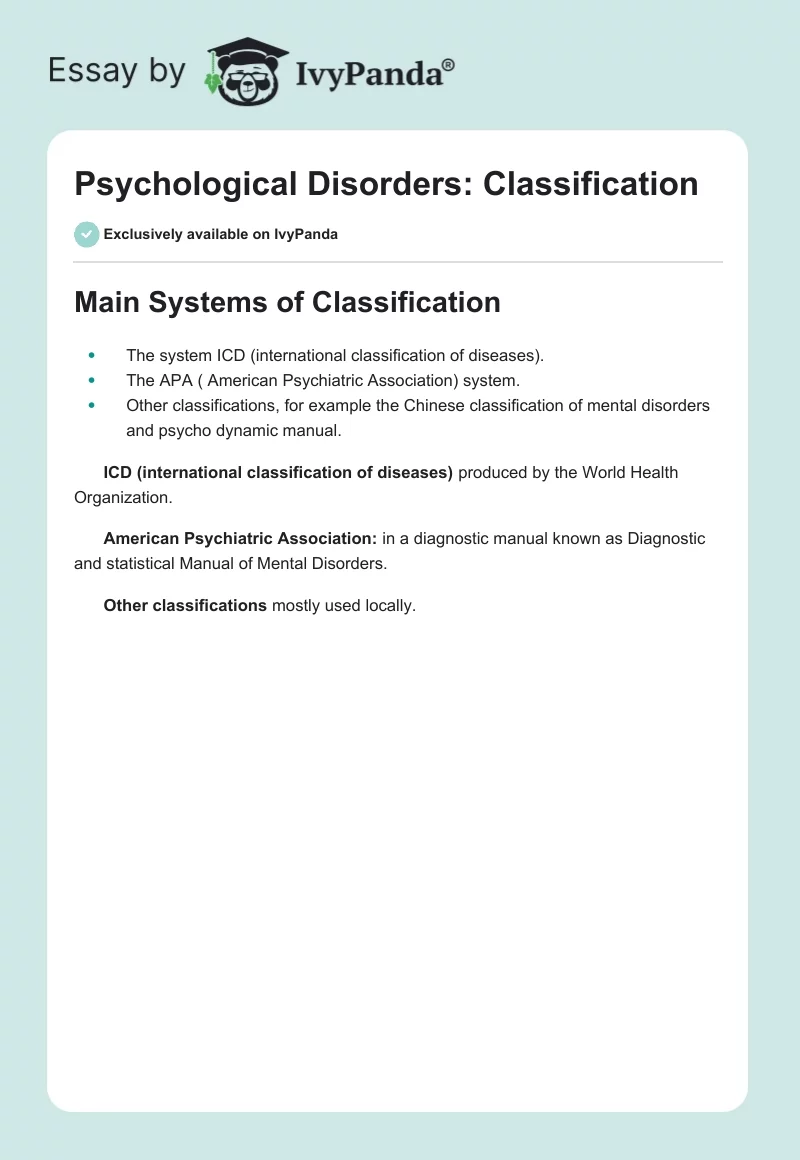 Psychological Disorders: Classification. Page 1