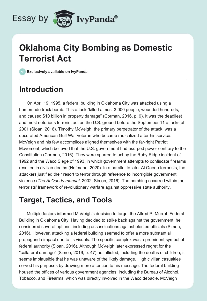 Oklahoma City Bombing as Domestic Terrorist Act. Page 1