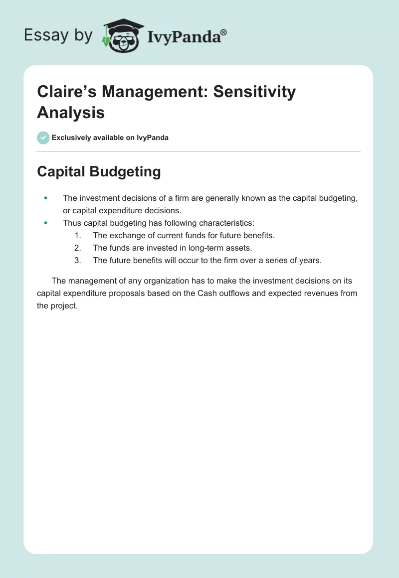 Claire’s Management: Sensitivity Analysis. Page 1