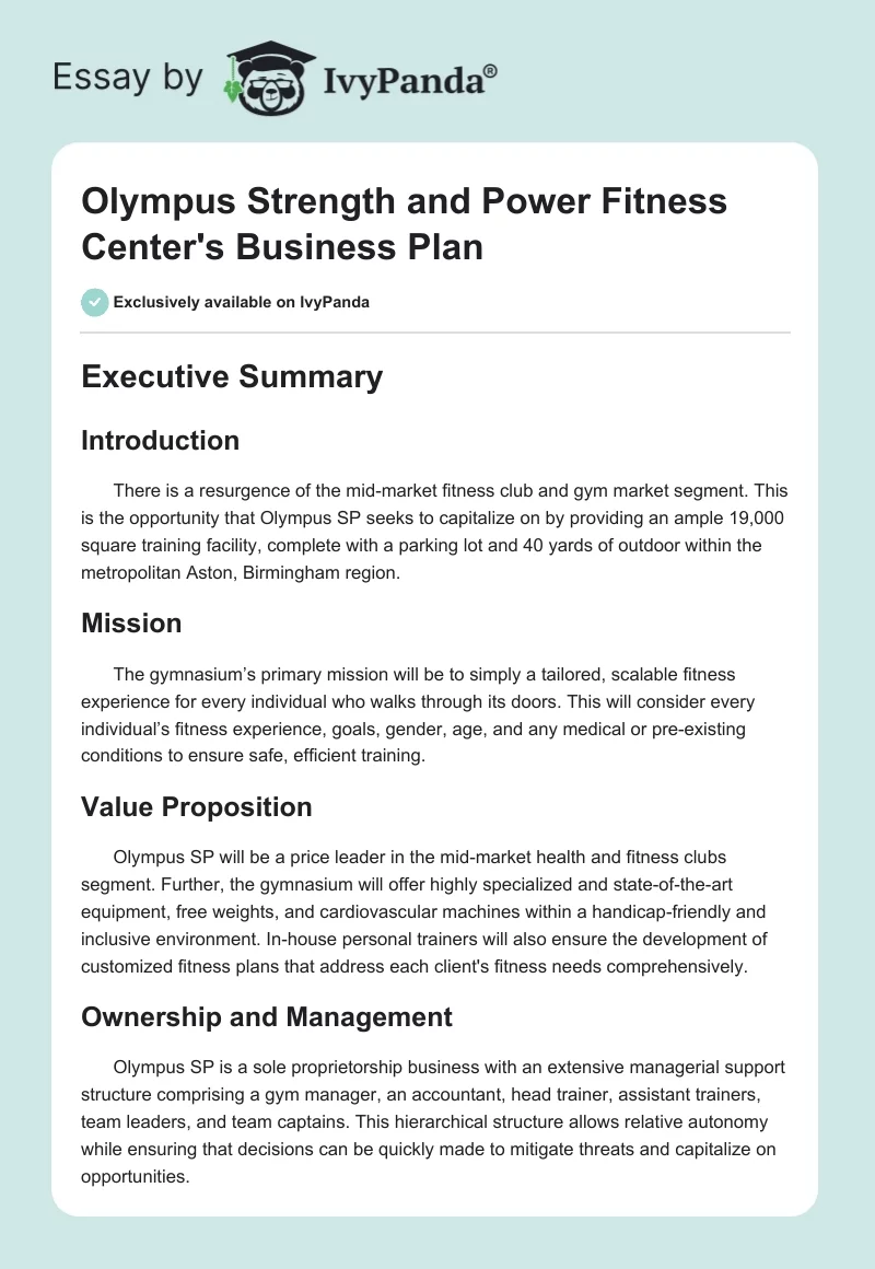 Olympus Strength and Power Fitness Center's Business Plan. Page 1